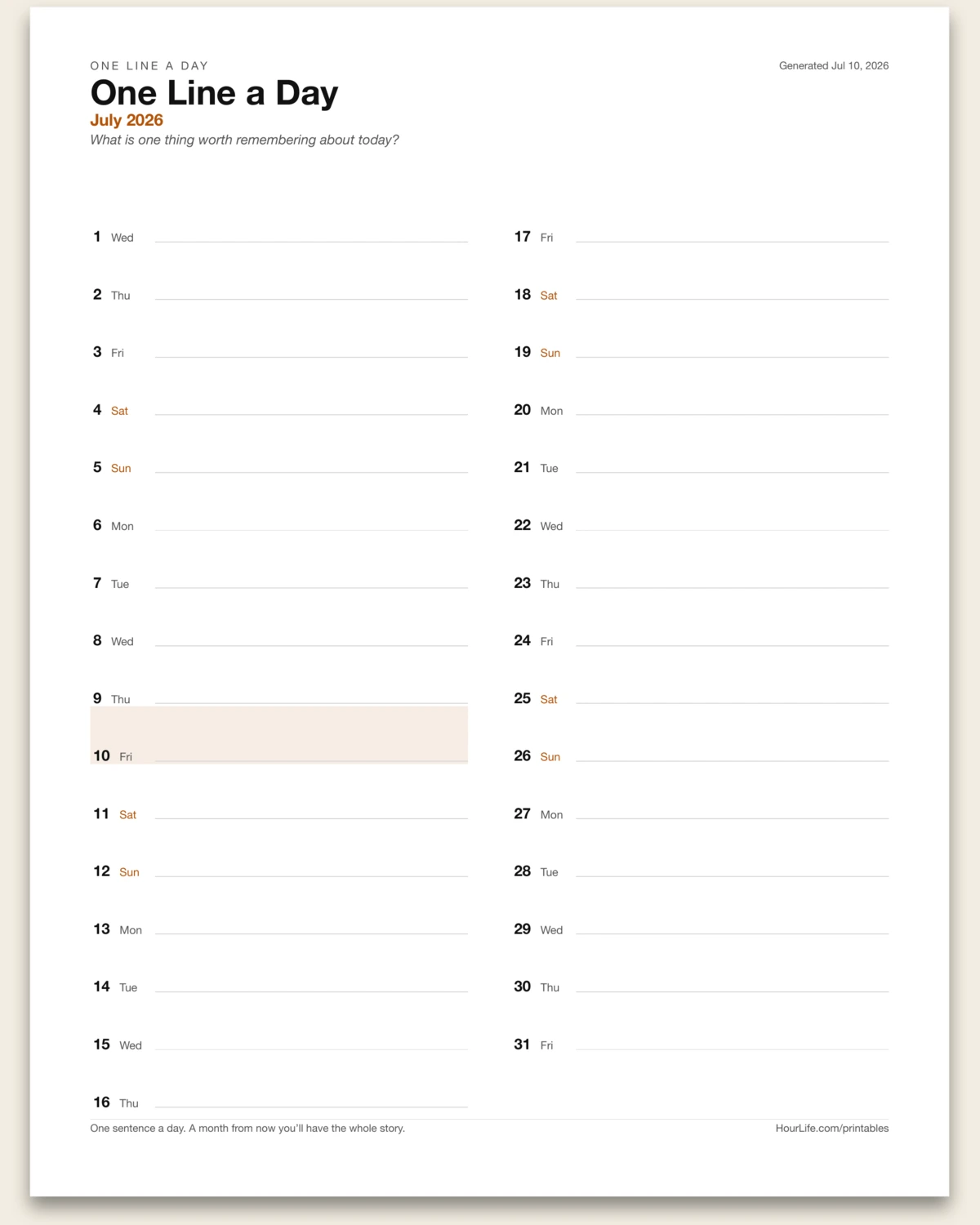 One Line a Day filled example preview