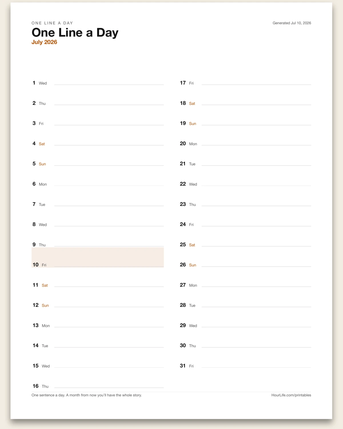 One Line a Day blank layout preview