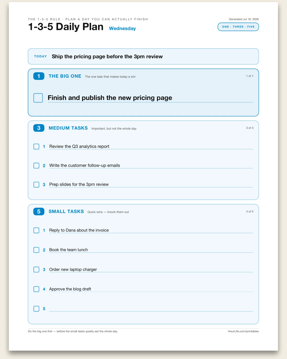 1-3-5 Daily Plan filled example preview