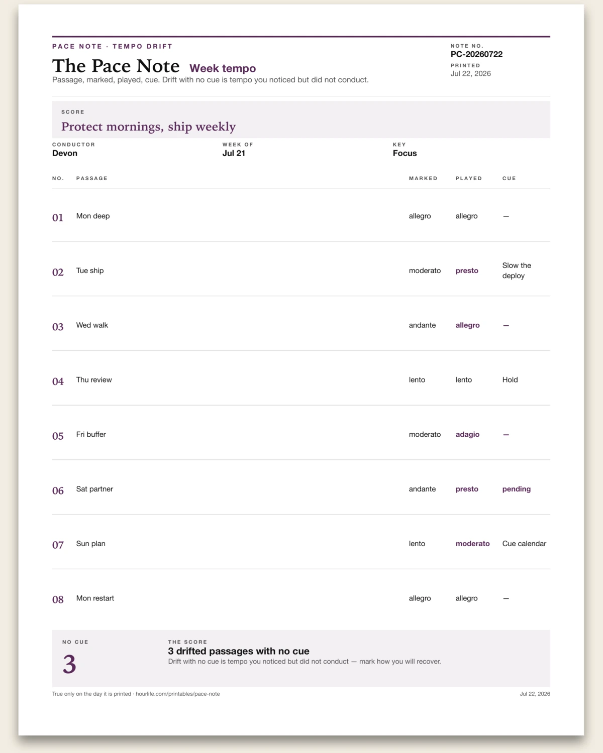 The Pace Note filled example preview