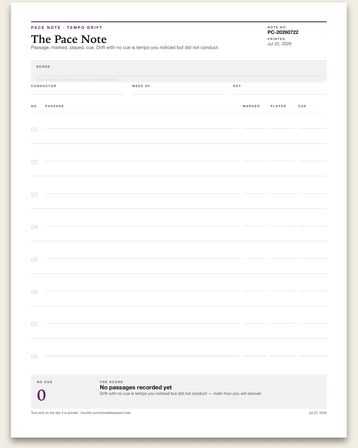 The Pace Note blank layout preview