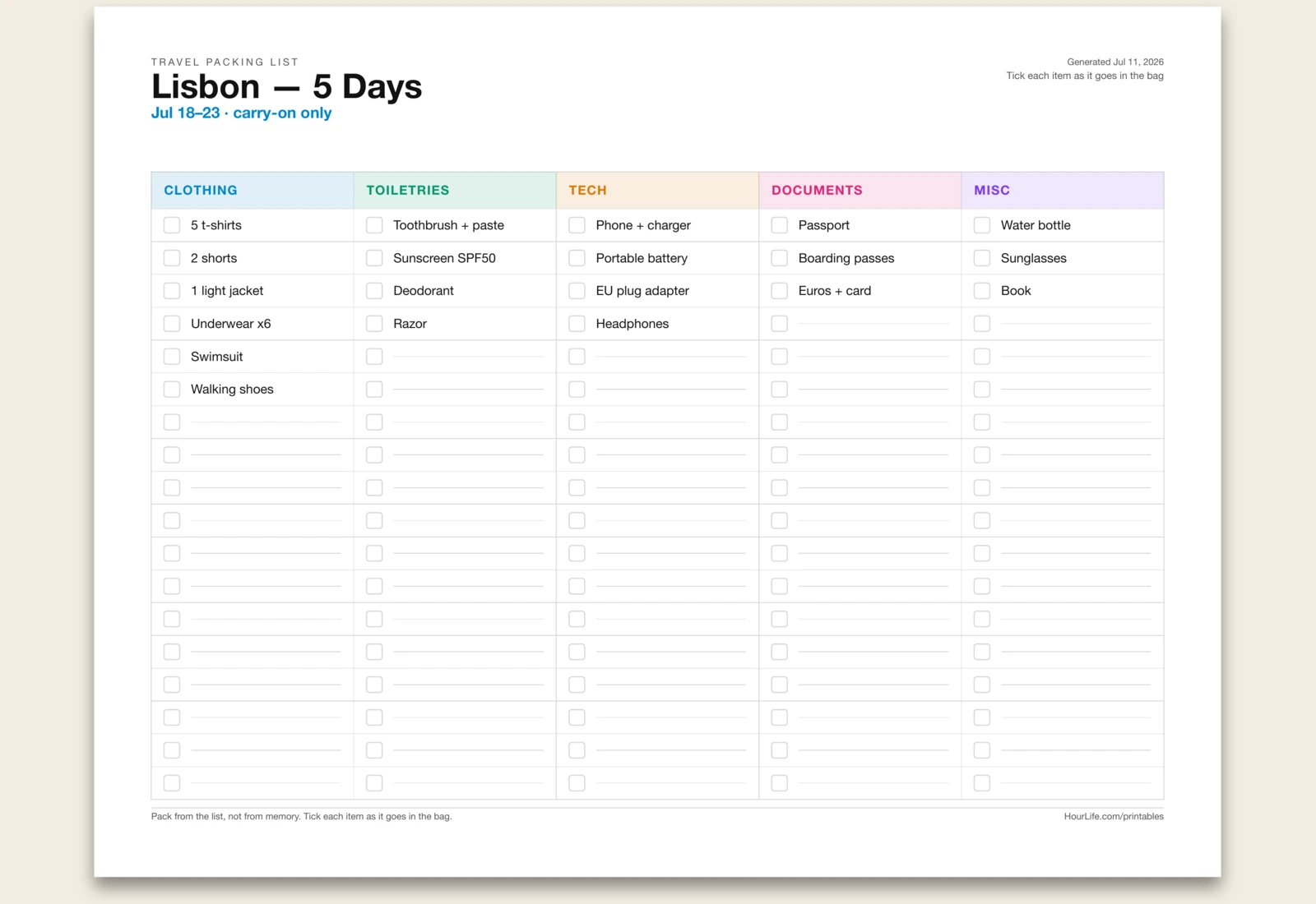Travel Packing List filled example preview