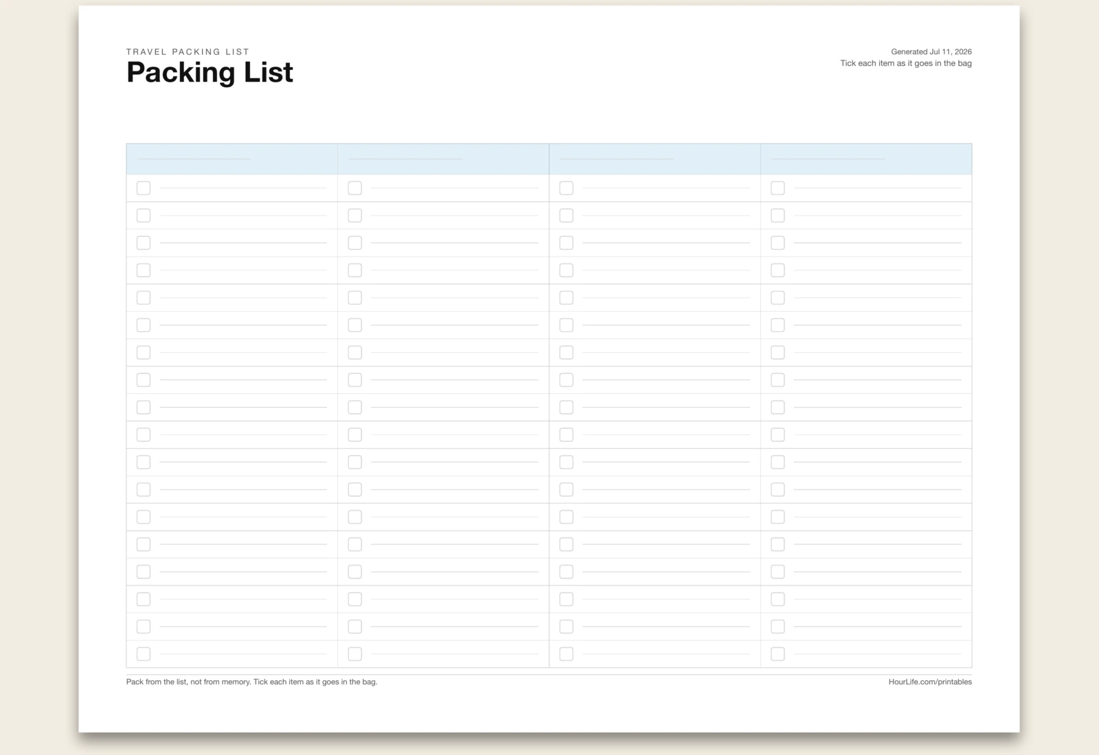 Travel Packing List blank layout preview