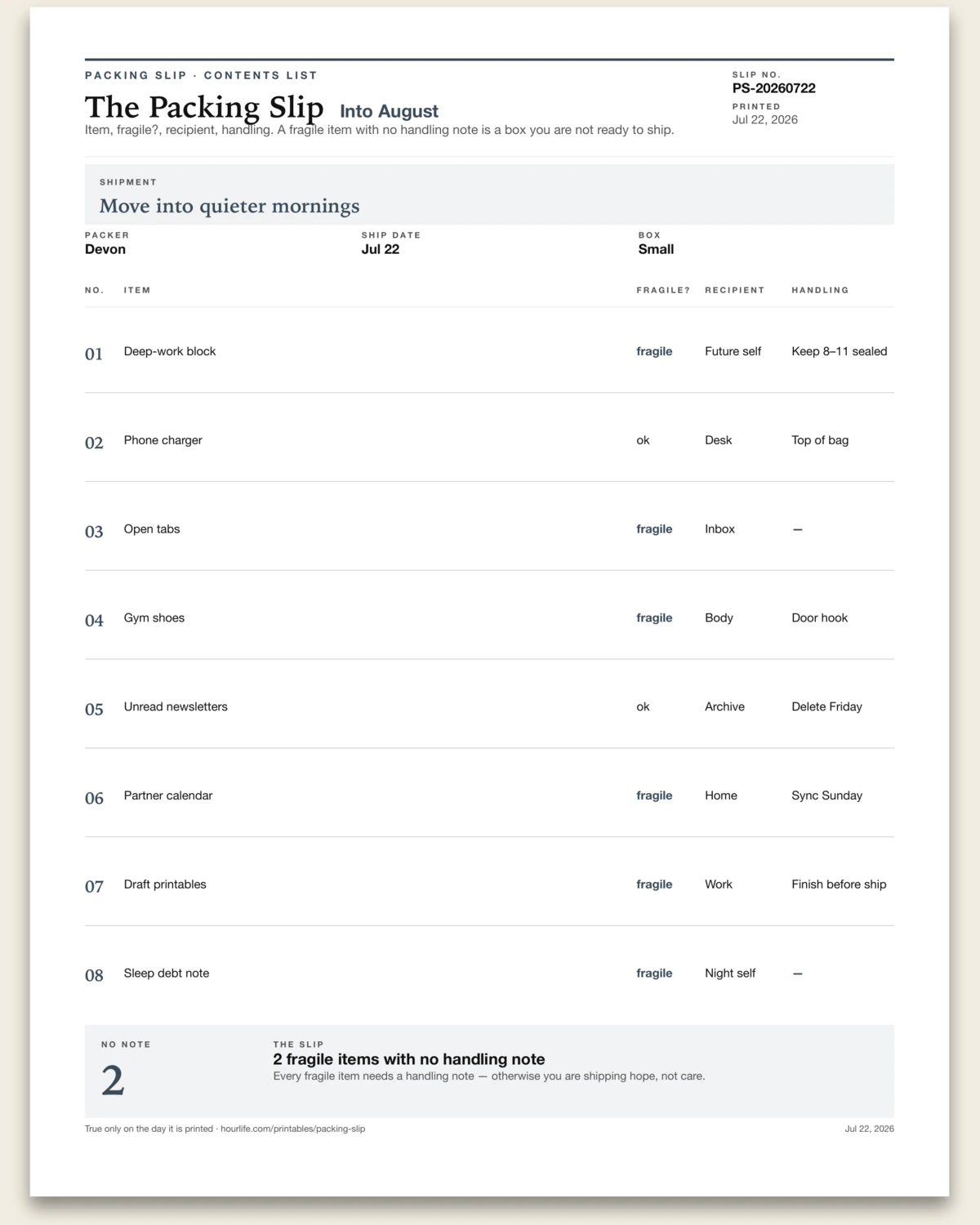 The Packing Slip filled example preview