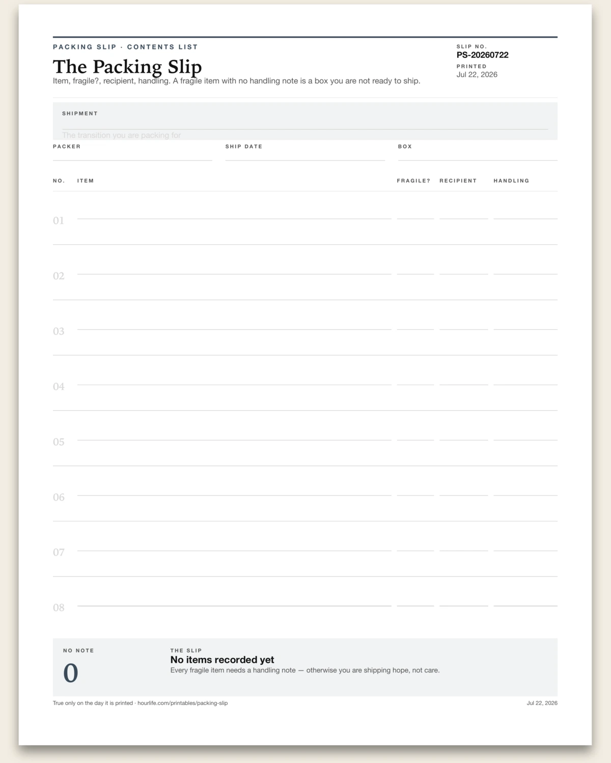 The Packing Slip blank layout preview