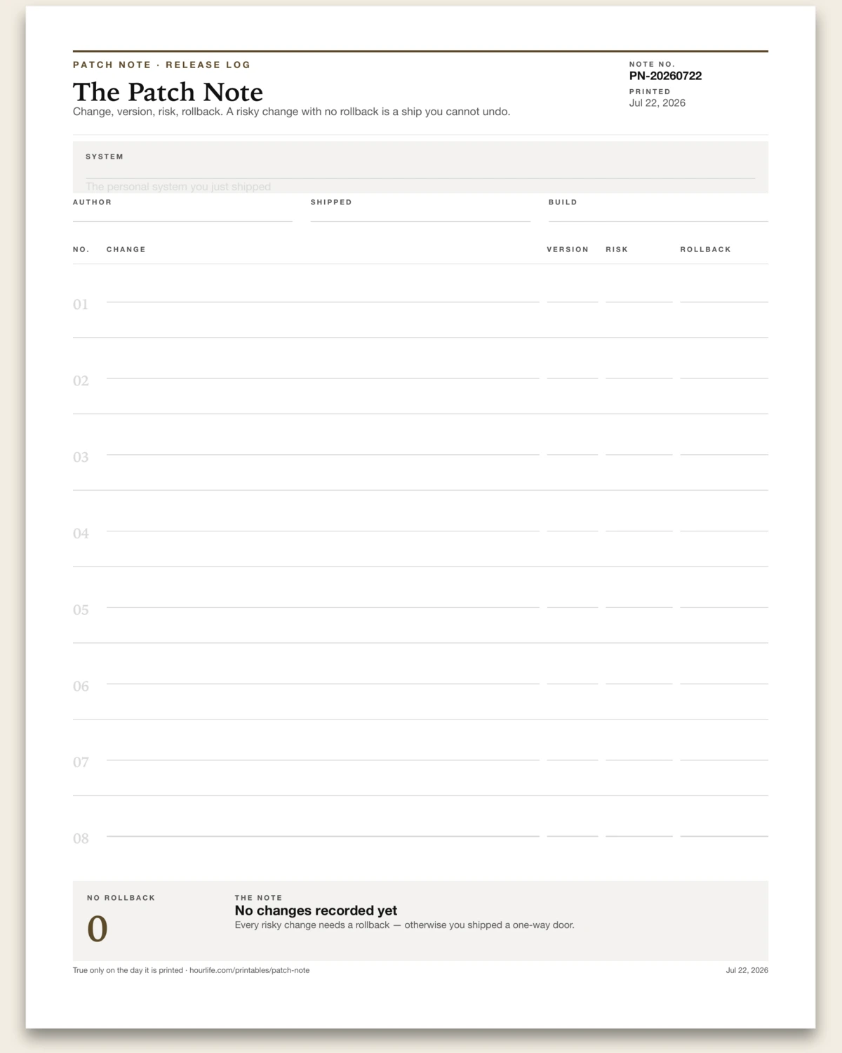 The Patch Note blank layout preview