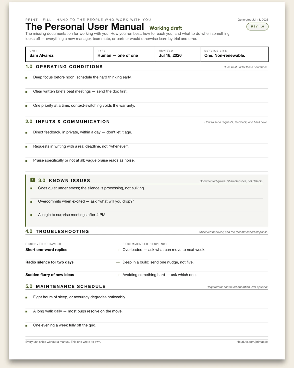 The Personal User Manual filled example preview