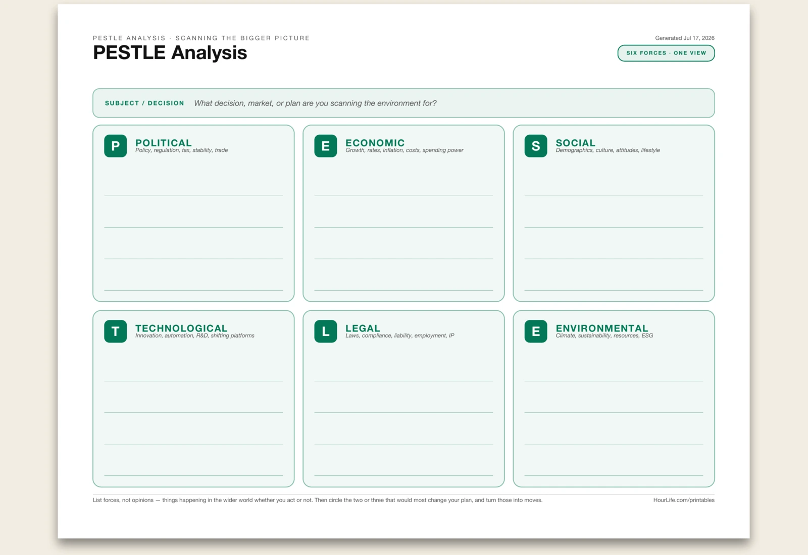 PESTLE Analysis blank layout preview