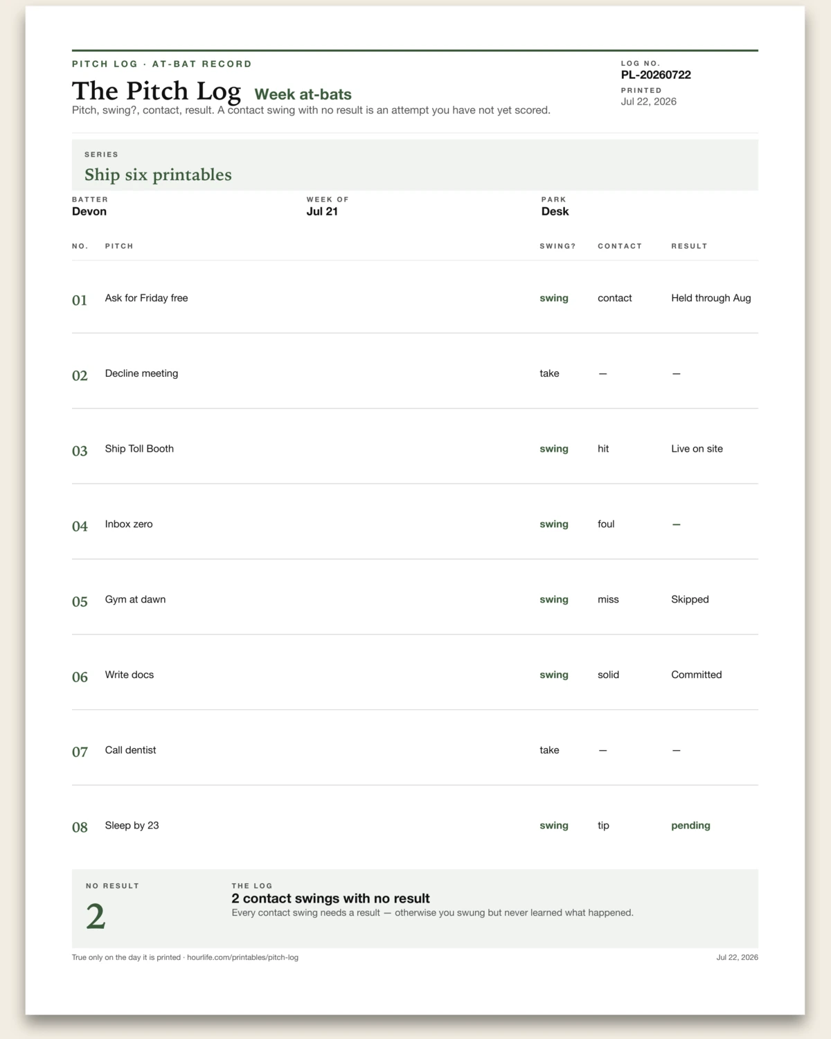 The Pitch Log filled example preview