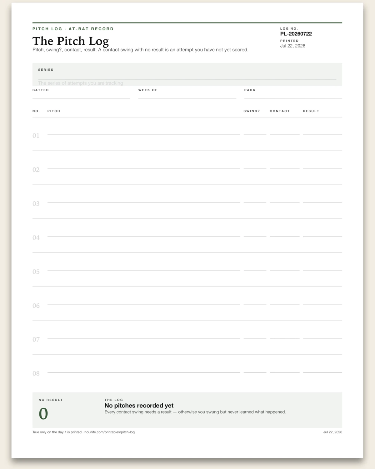 The Pitch Log blank layout preview