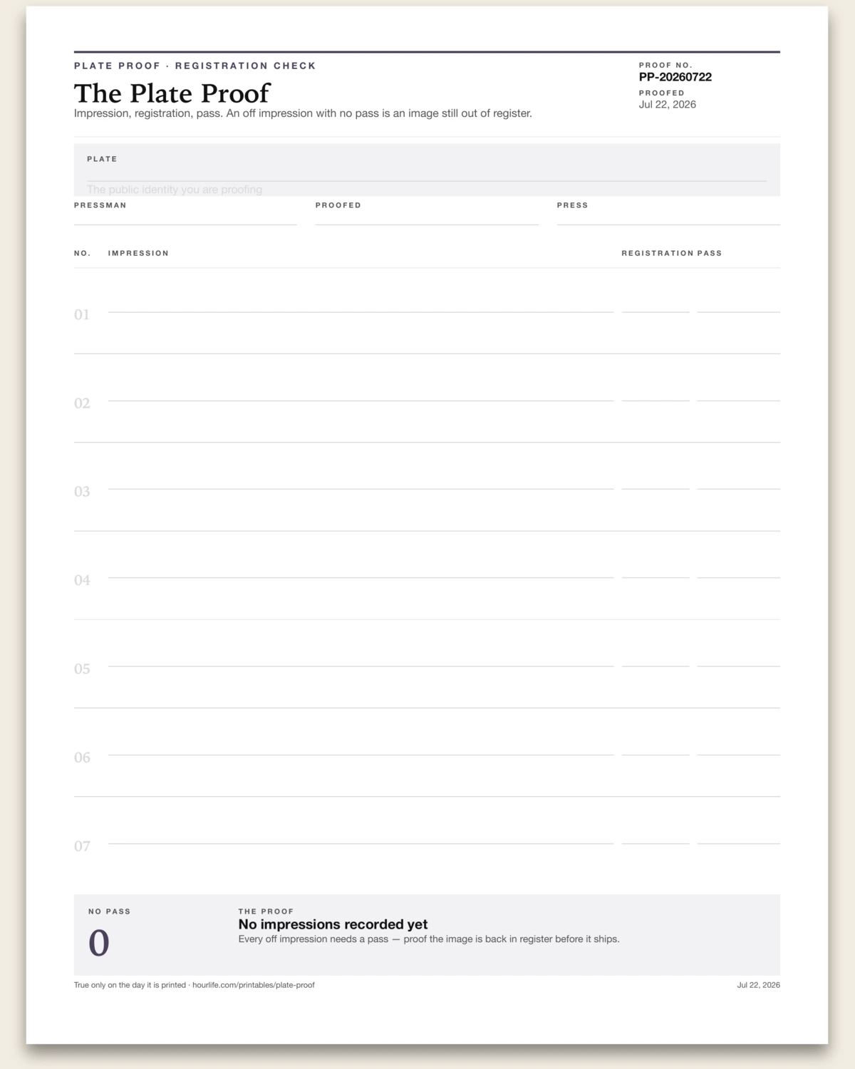 The Plate Proof blank layout preview