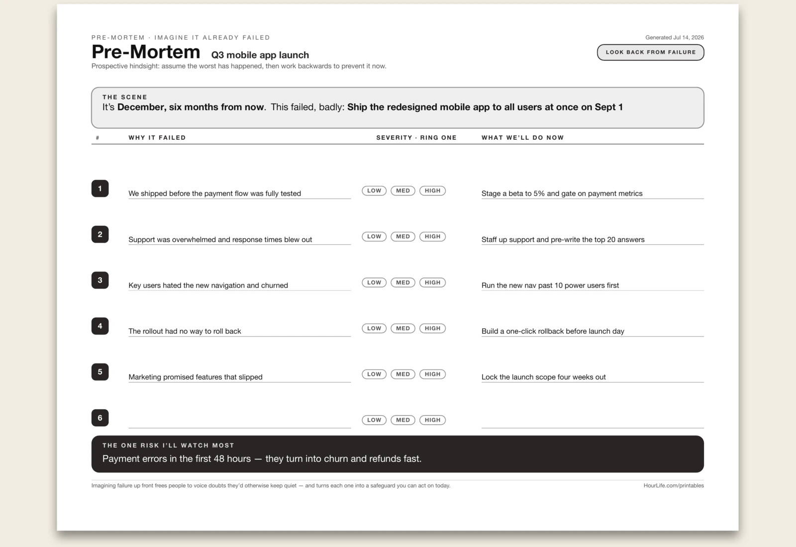 Pre-Mortem filled example preview