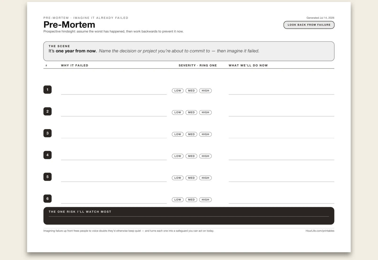 Pre-Mortem blank layout preview