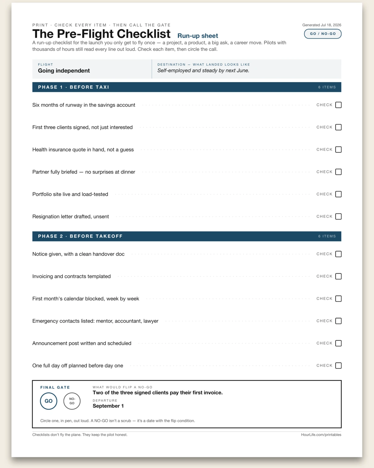 The Pre-Flight Checklist filled example preview