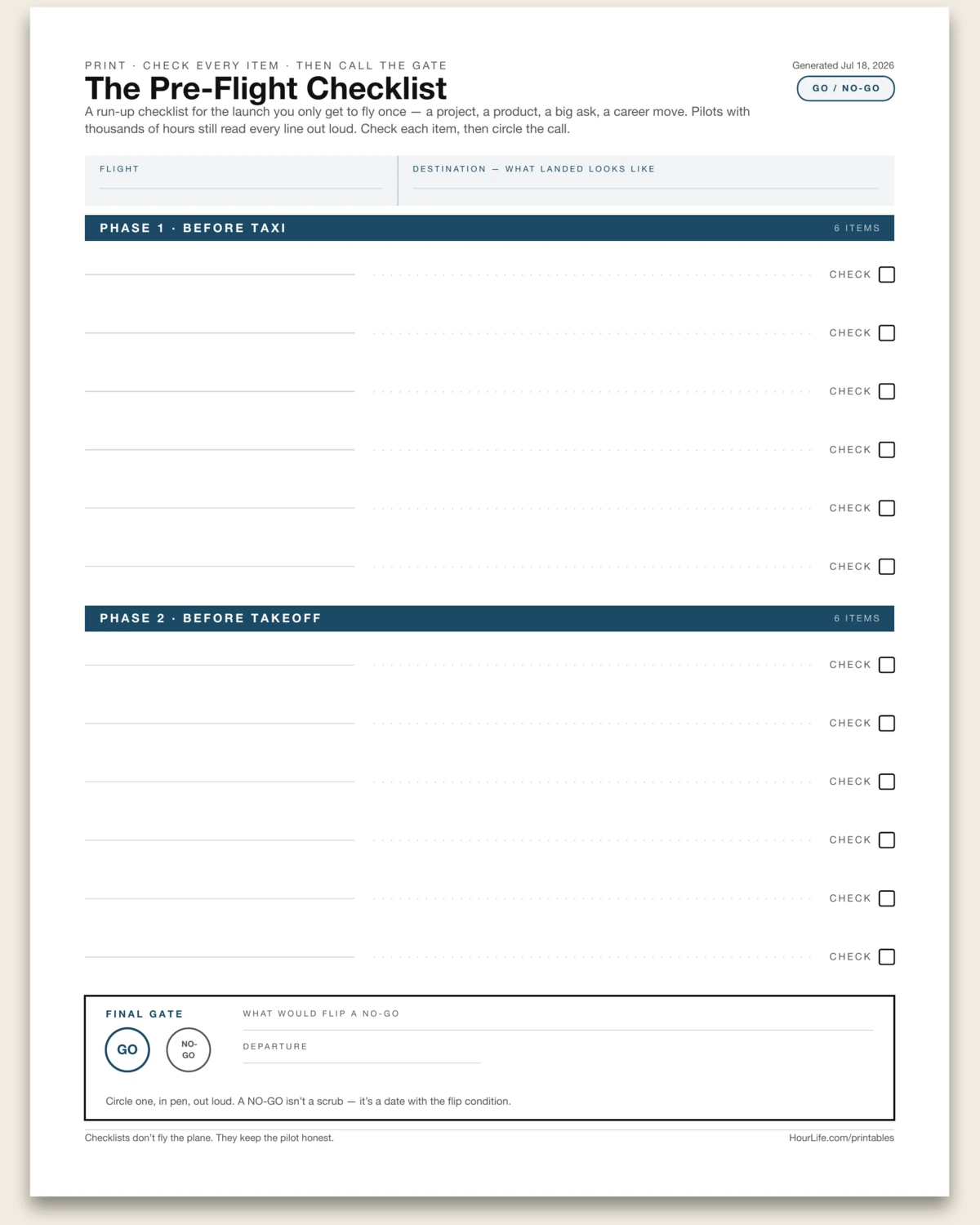 The Pre-Flight Checklist blank layout preview