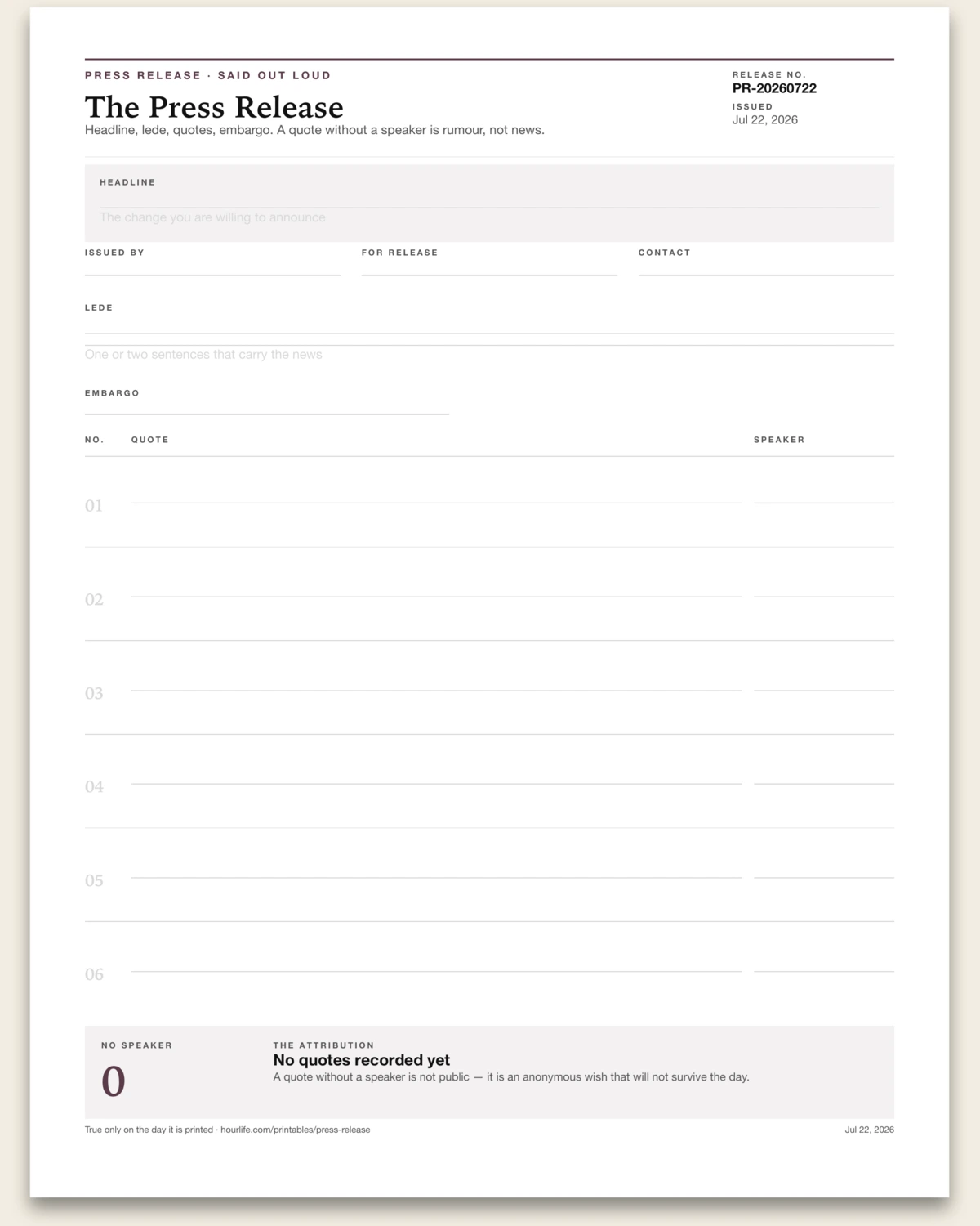 The Press Release blank layout preview