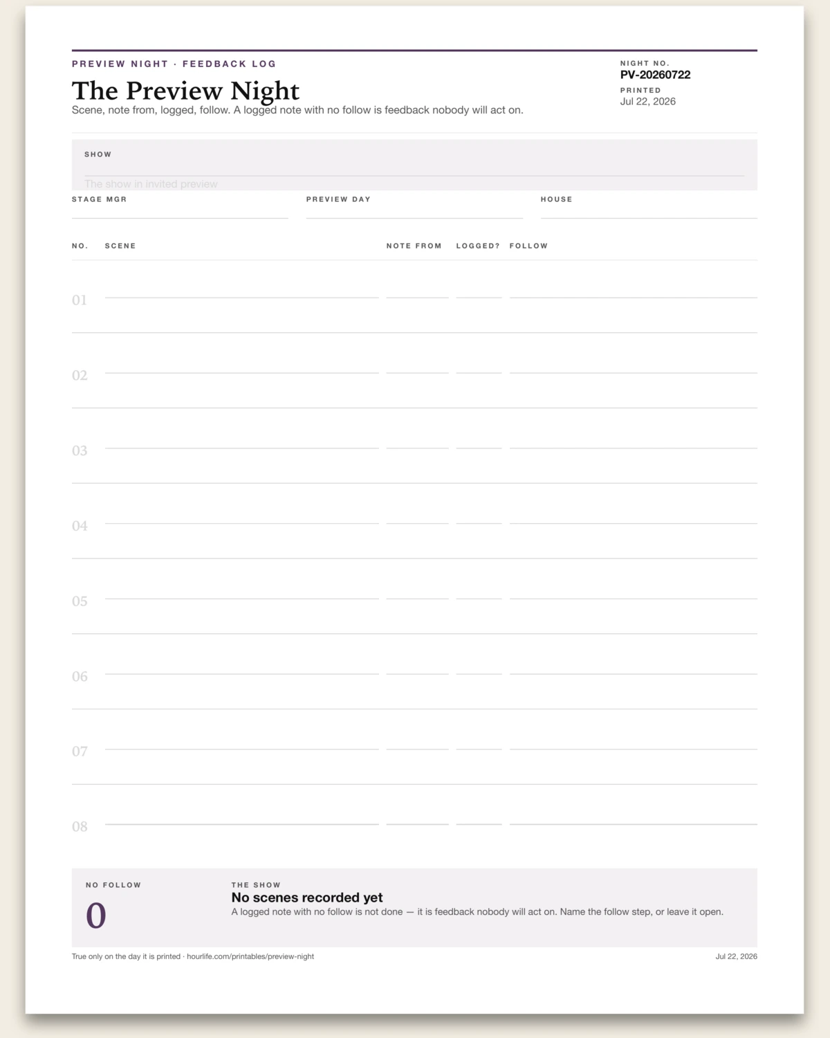 The Preview Night blank layout preview