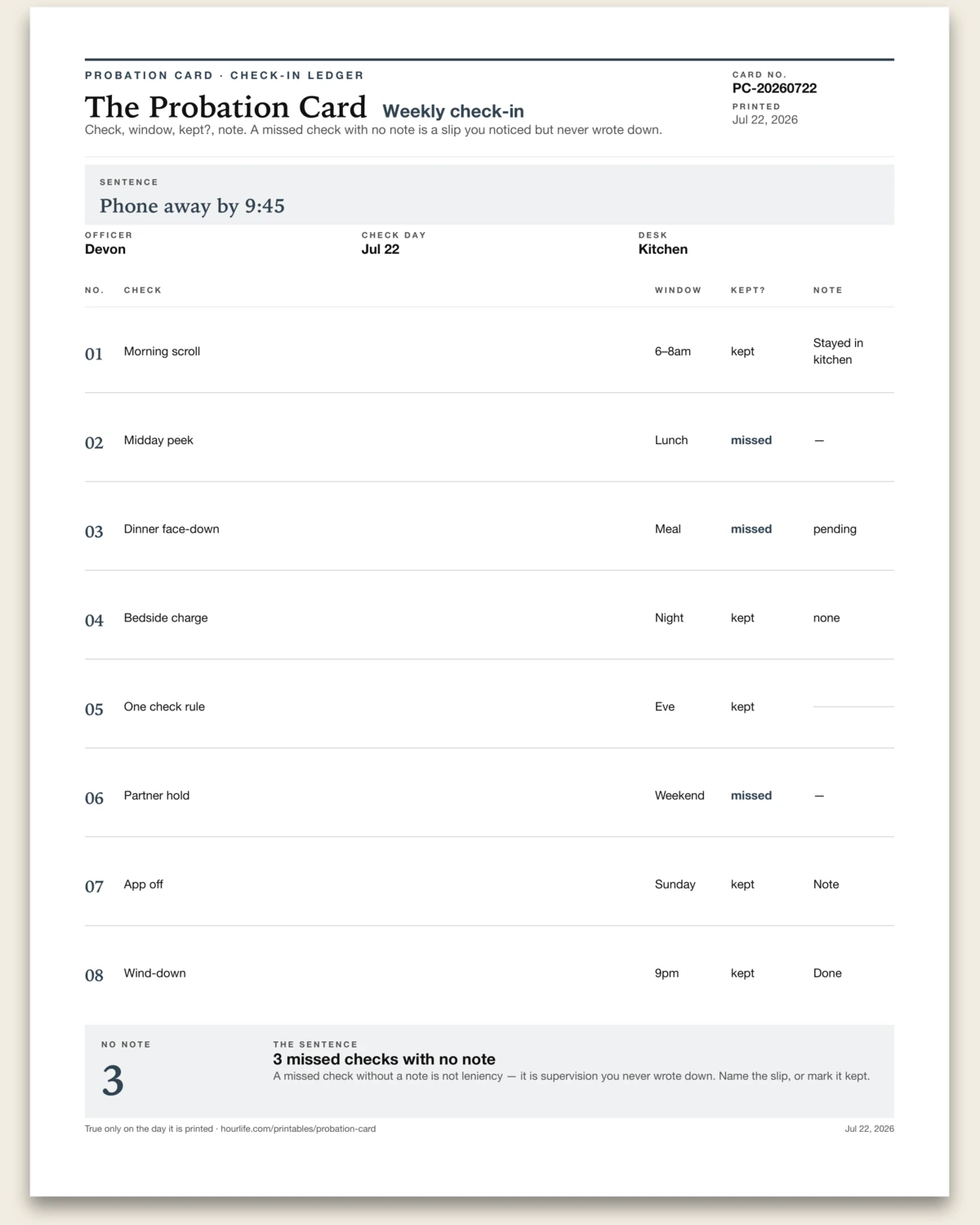 The Probation Card filled example preview