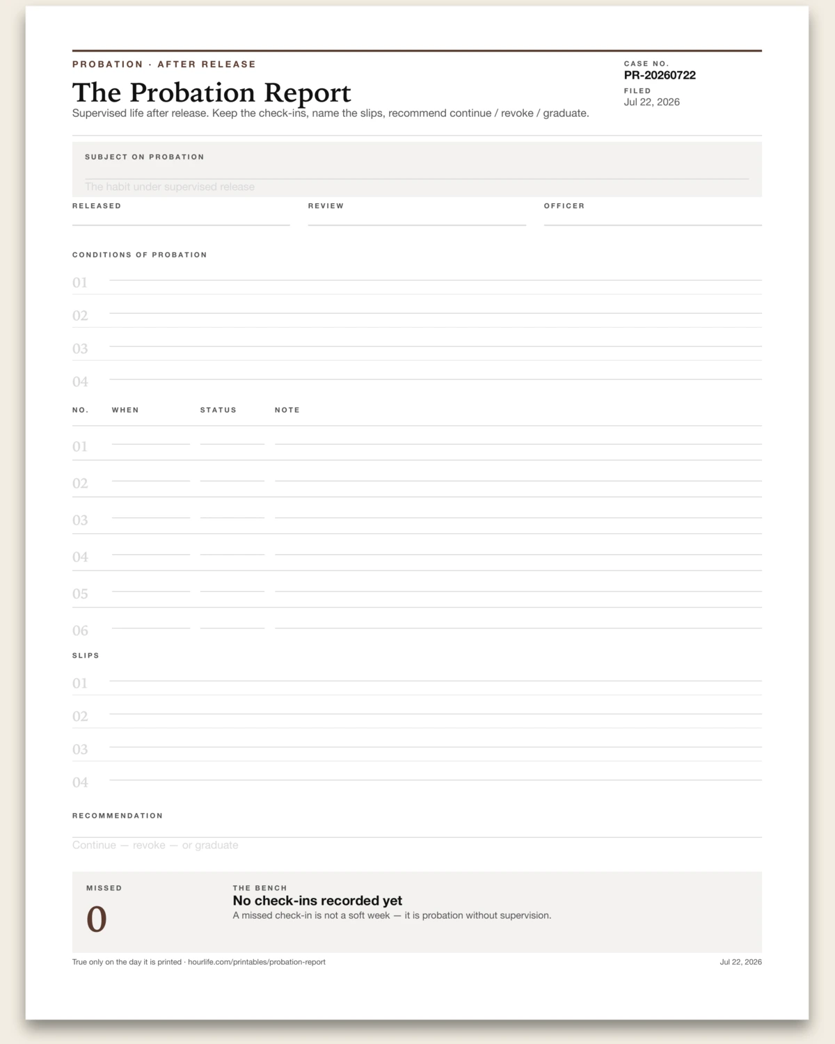 The Probation Report blank layout preview