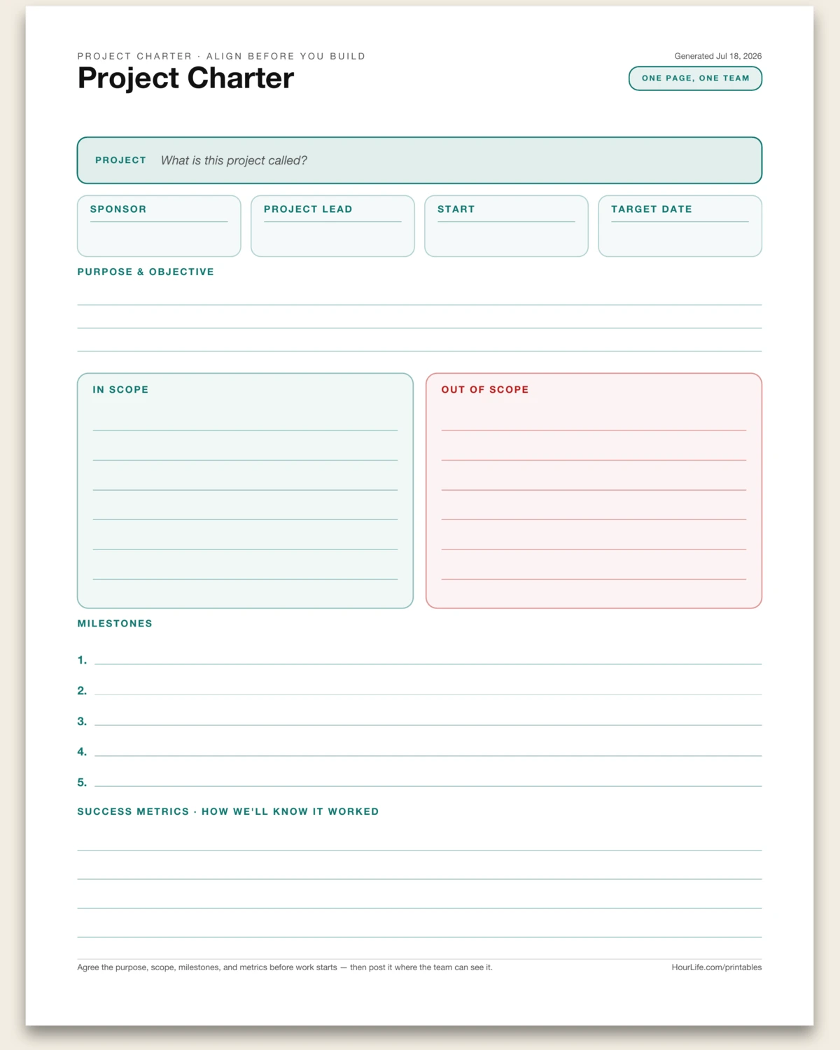 Project Charter blank layout preview