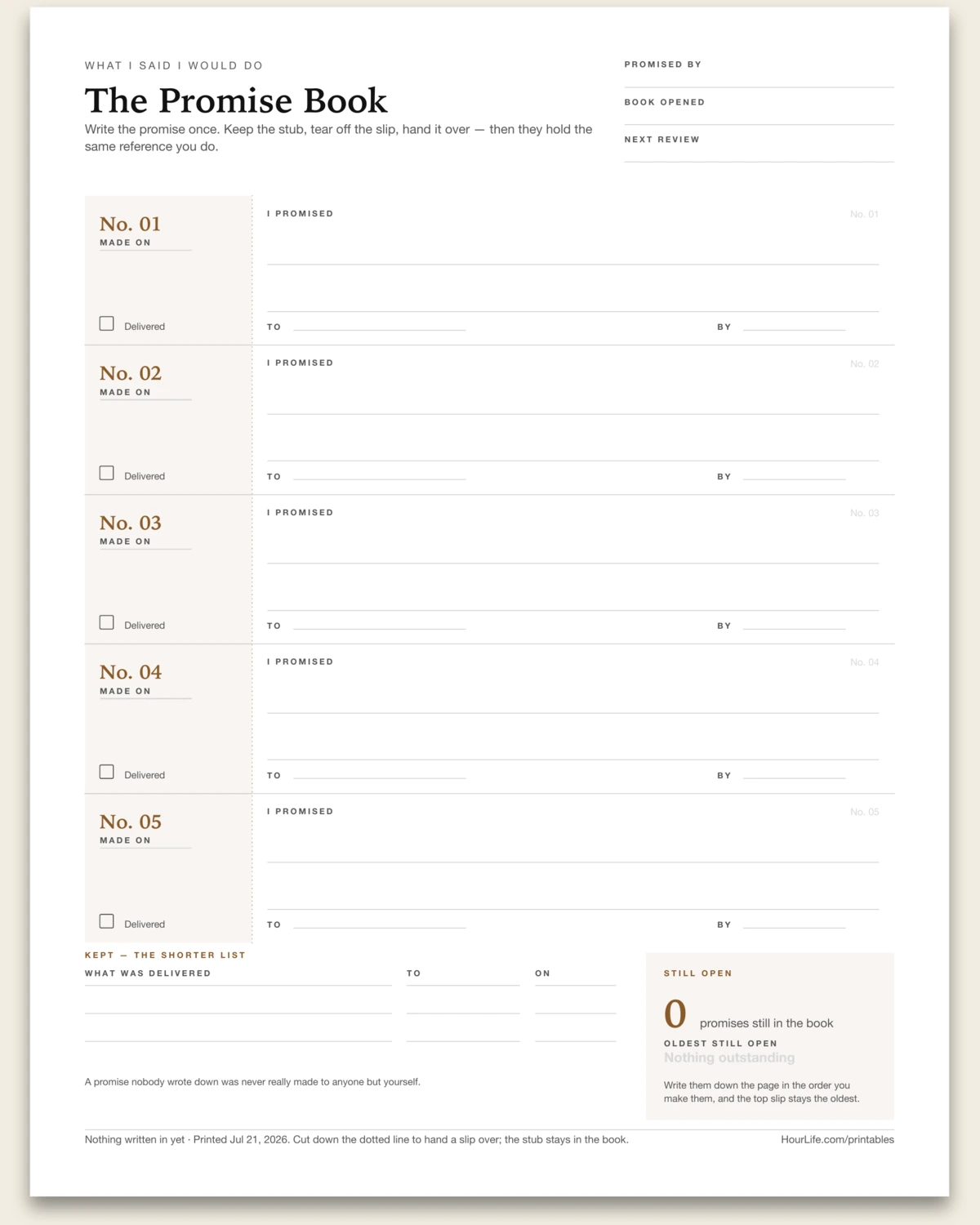 The Promise Book blank layout preview