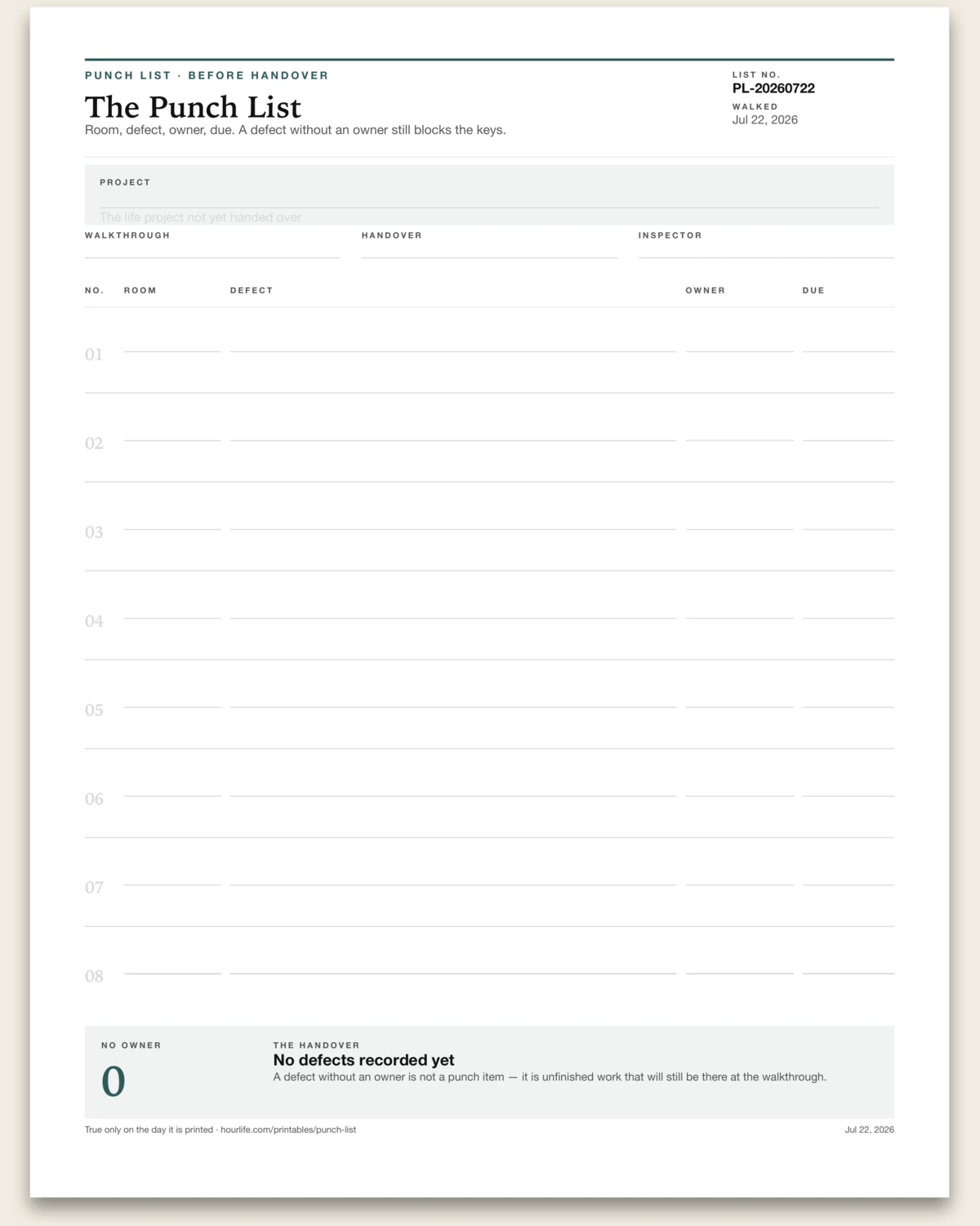 The Punch List blank layout preview