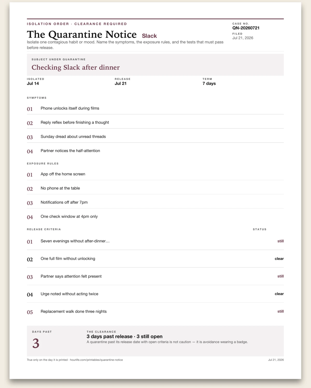 The Quarantine Notice filled example preview