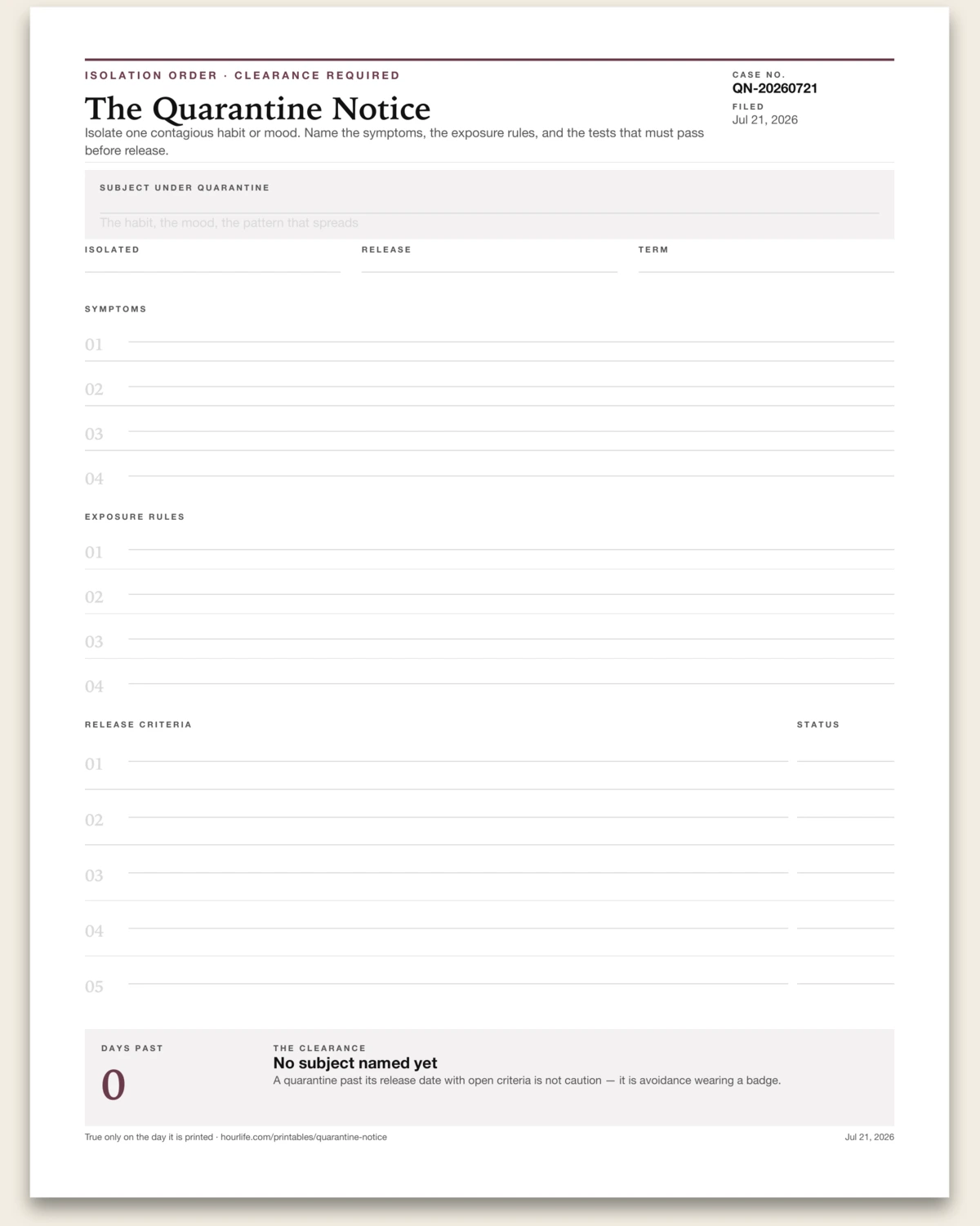 The Quarantine Notice blank layout preview