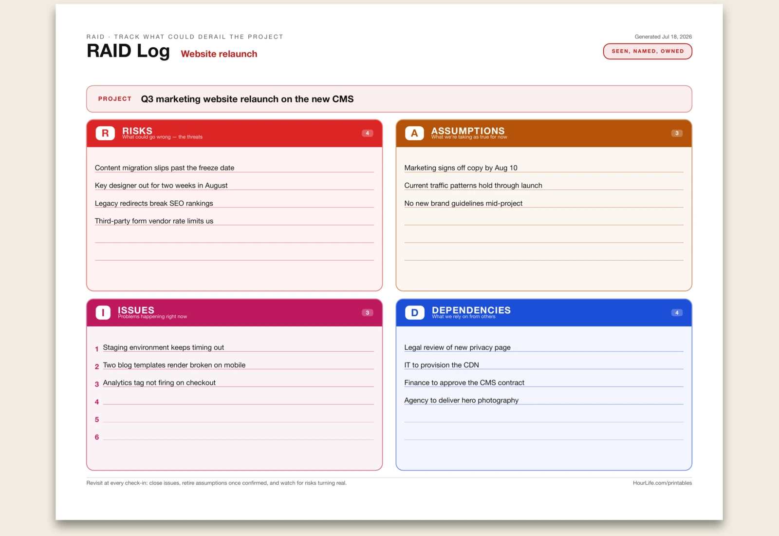 RAID Log filled example preview