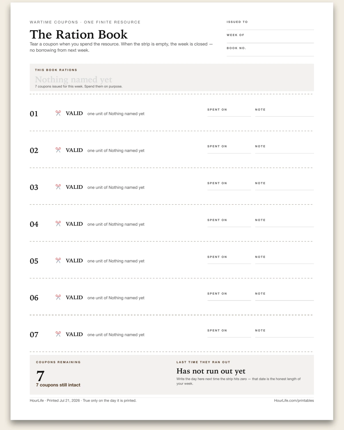 The Ration Book blank layout preview