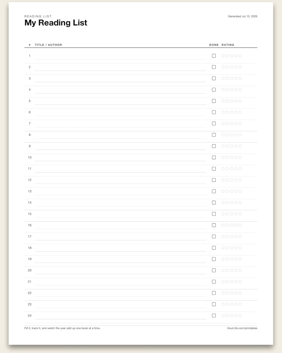 Reading List blank layout preview
