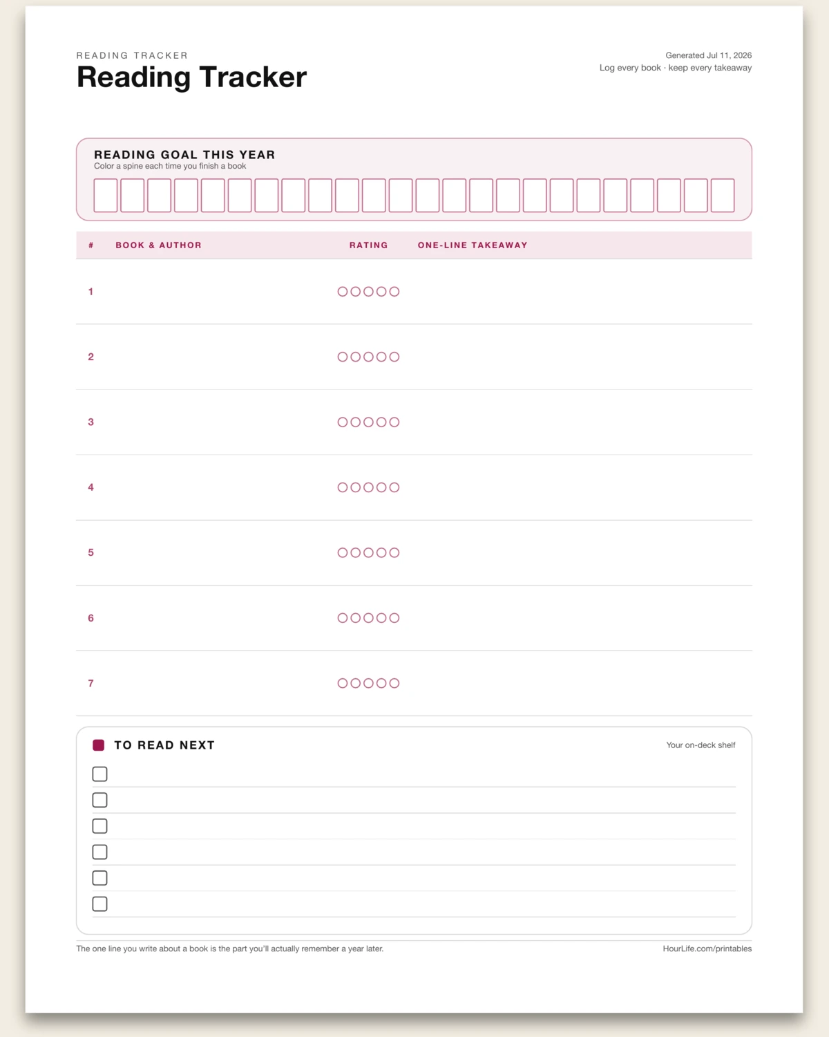 Reading Tracker blank layout preview