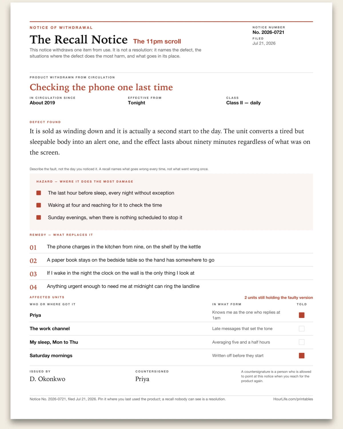The Recall Notice filled example preview