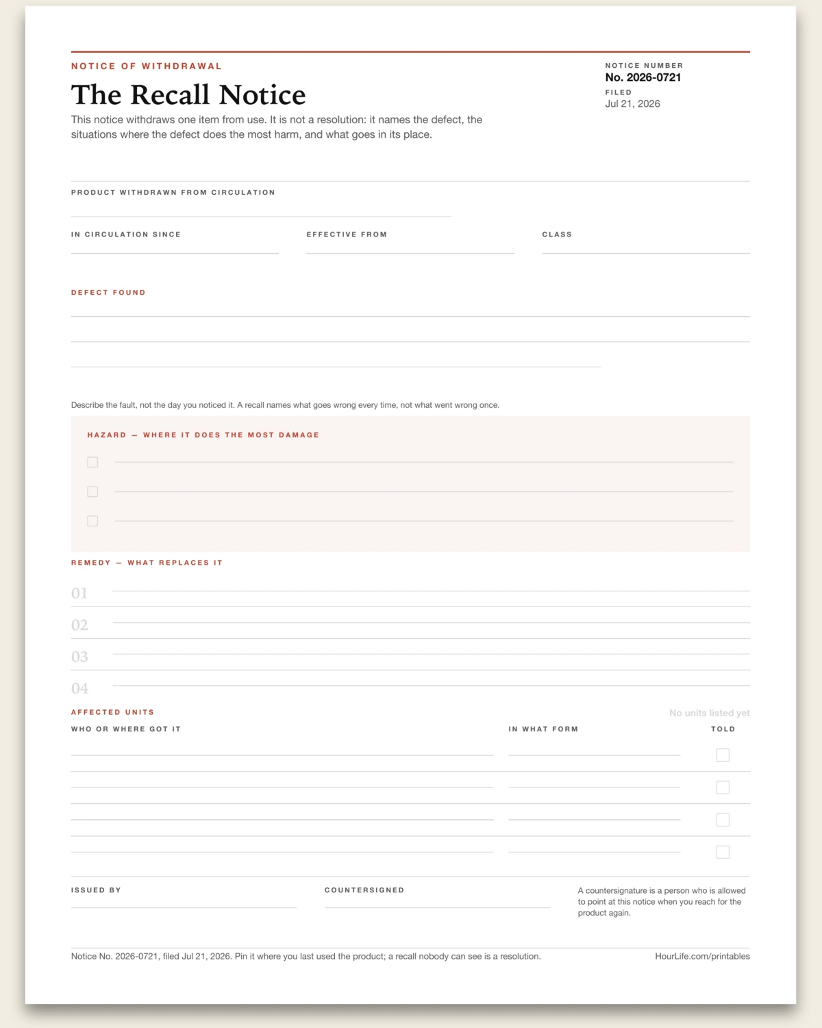 The Recall Notice blank layout preview