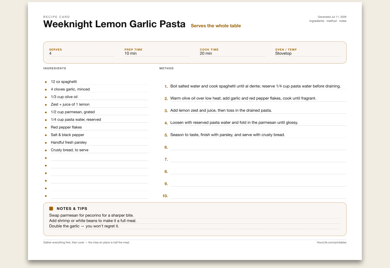 Recipe Card filled example preview