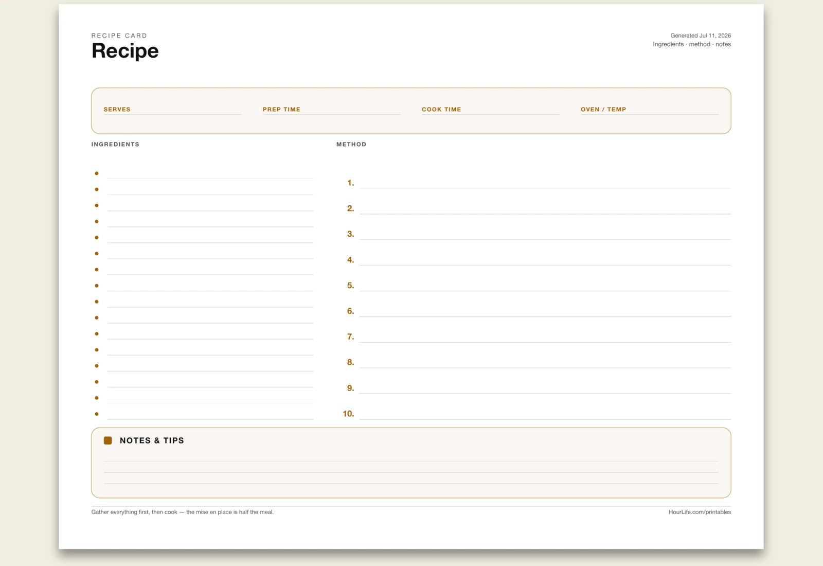 Recipe Card blank layout preview