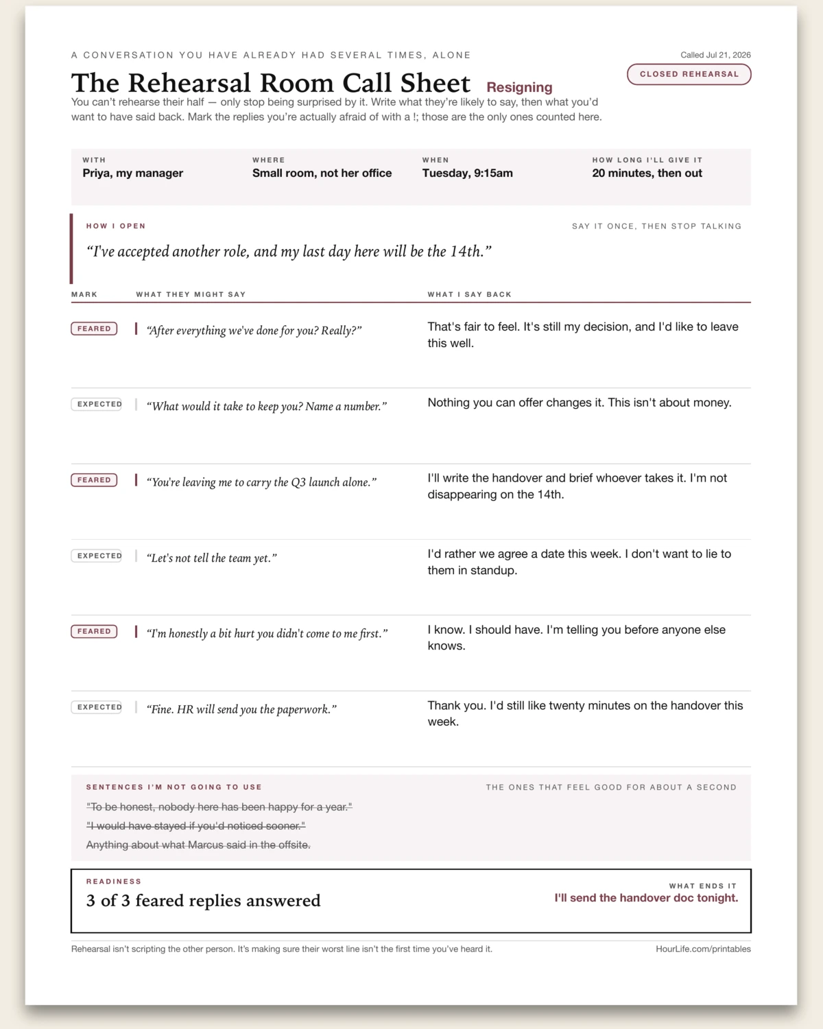 The Rehearsal Room Call Sheet filled example preview
