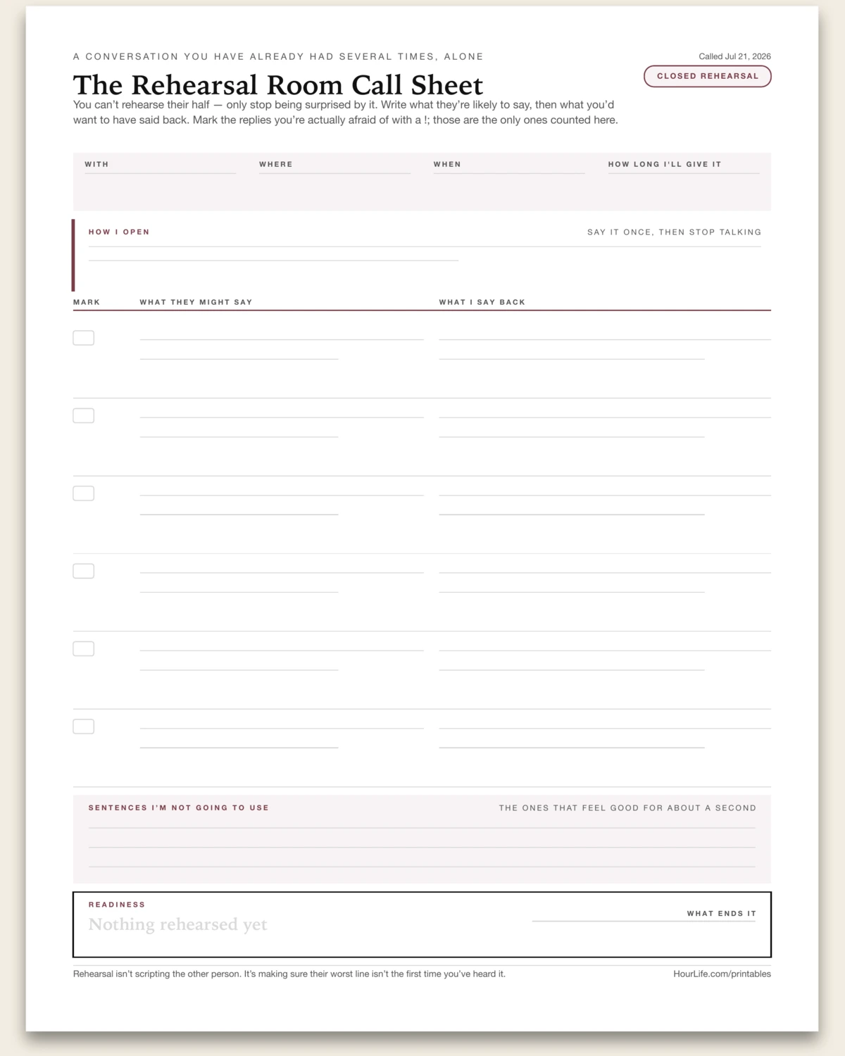 The Rehearsal Room Call Sheet blank layout preview