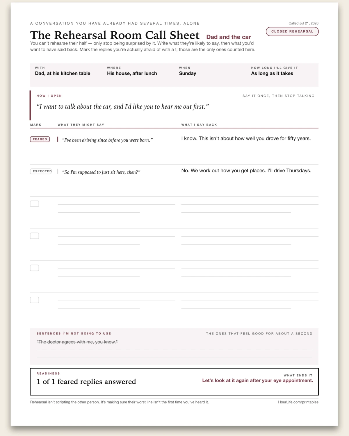 The Rehearsal Room Call Sheet alt style preview