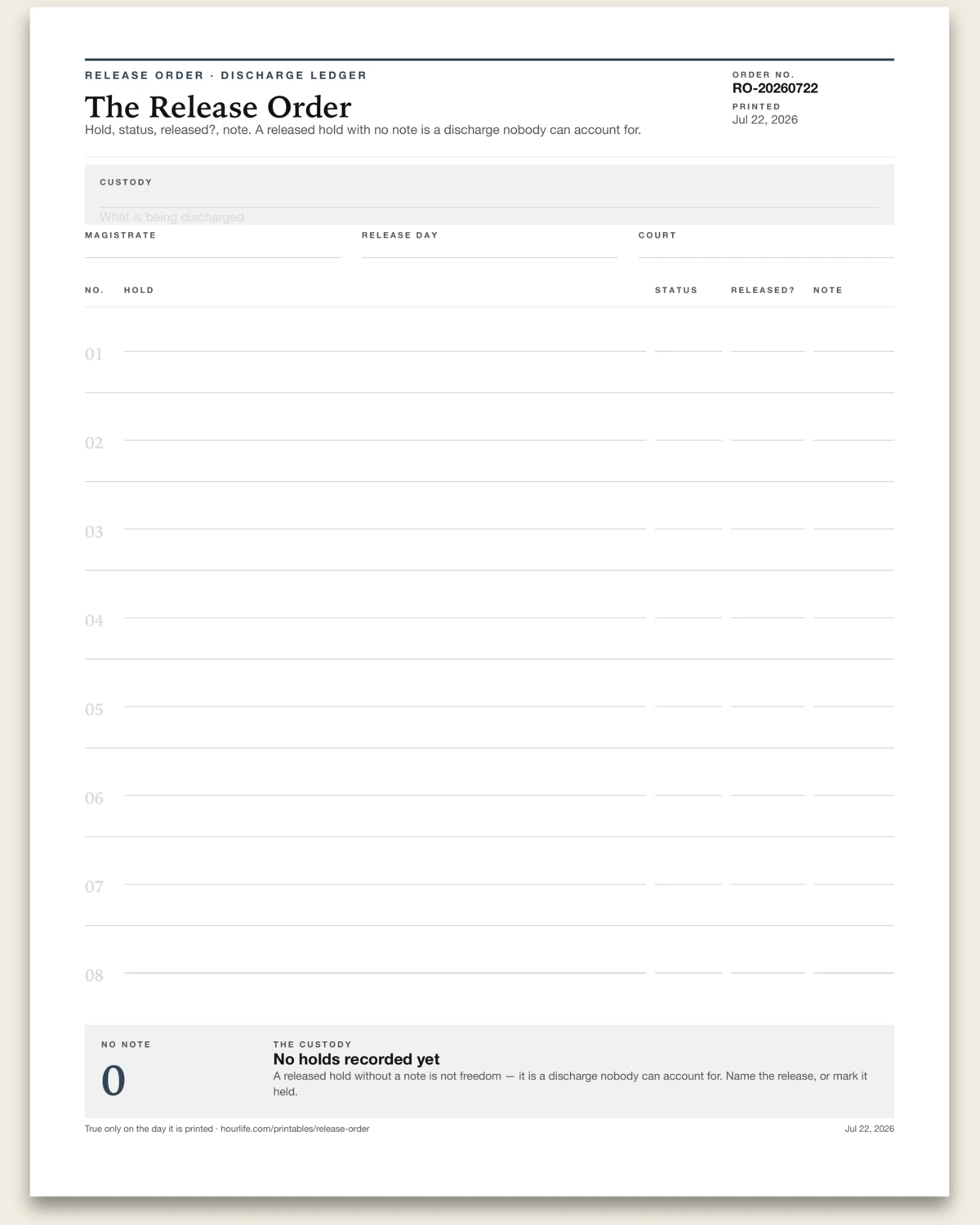 The Release Order blank layout preview