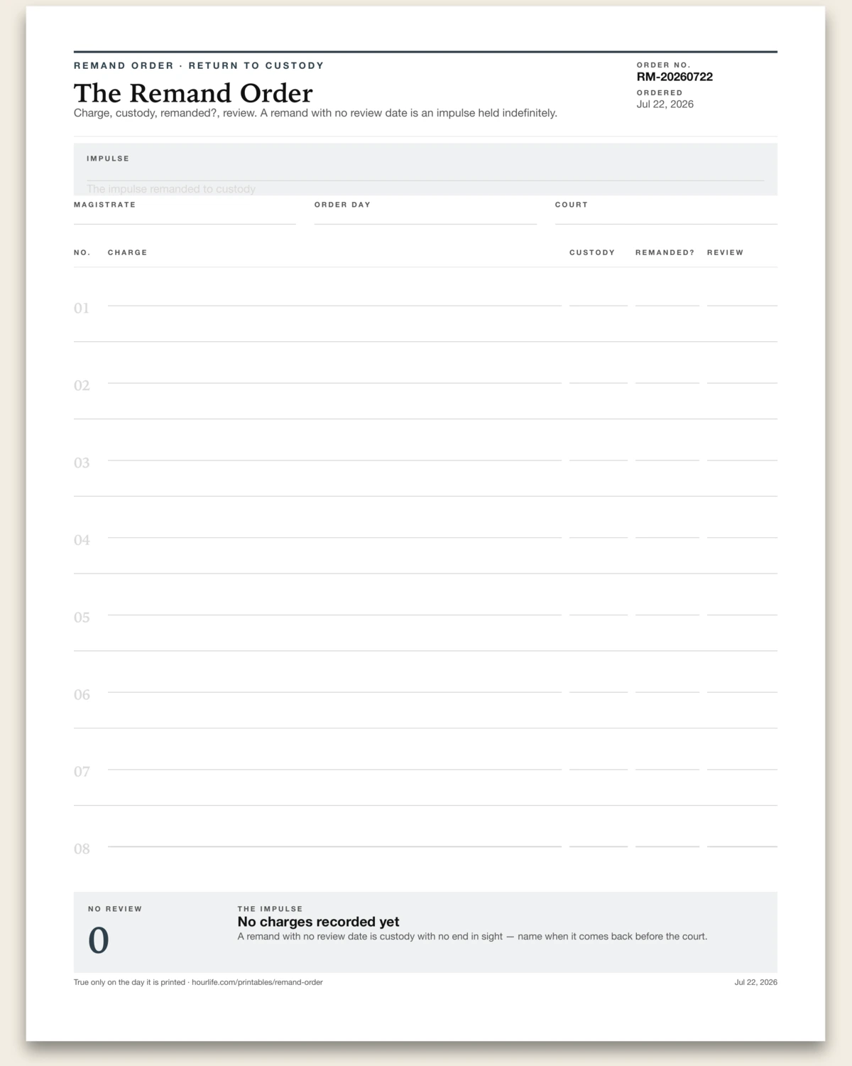 The Remand Order blank layout preview