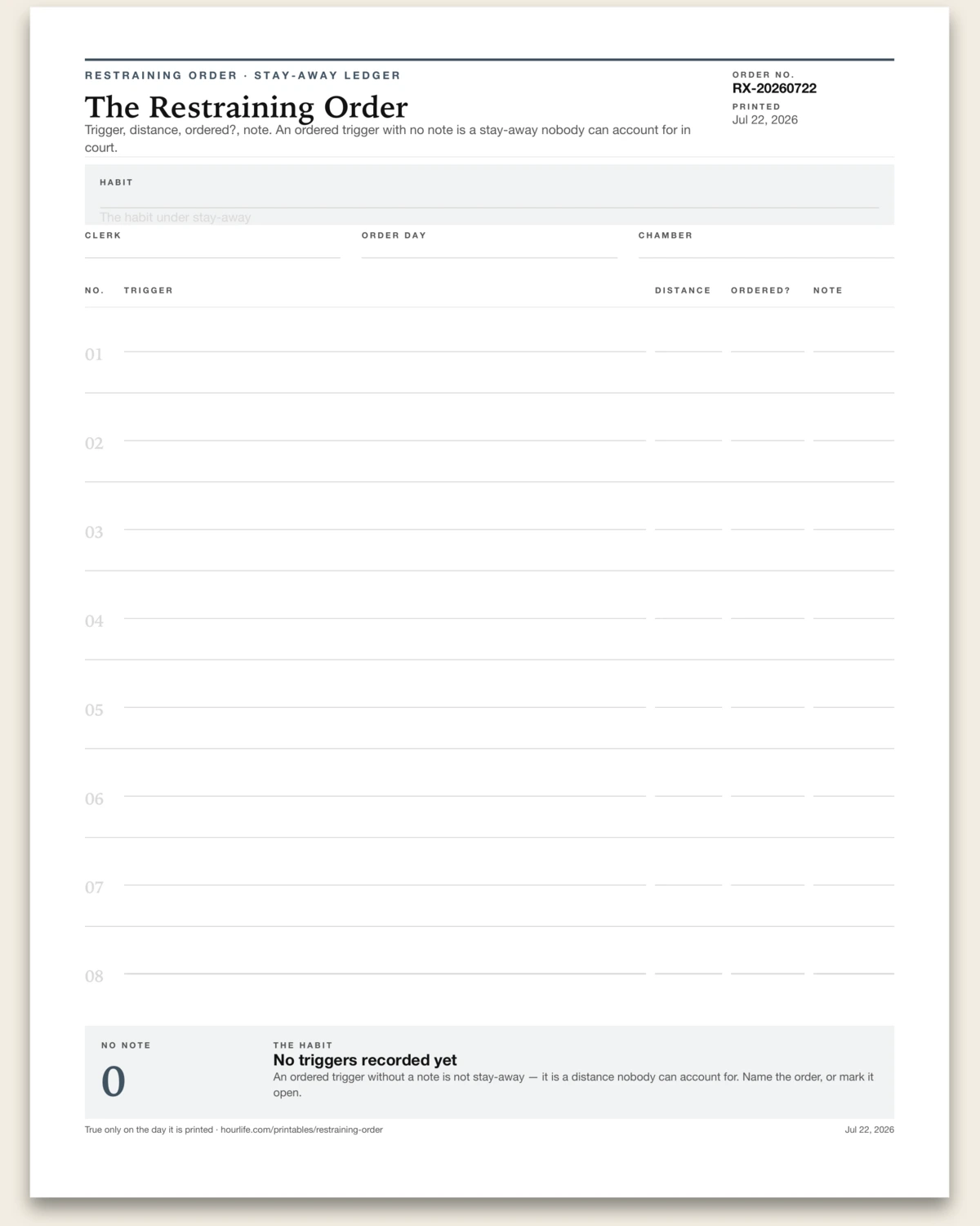 The Restraining Order blank layout preview