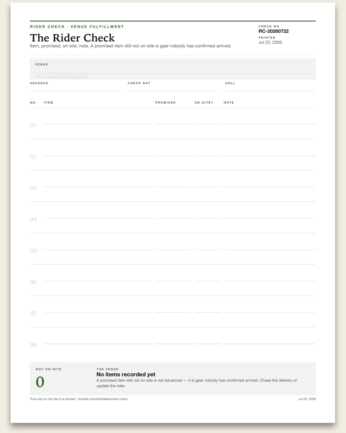 The Rider Check blank layout preview