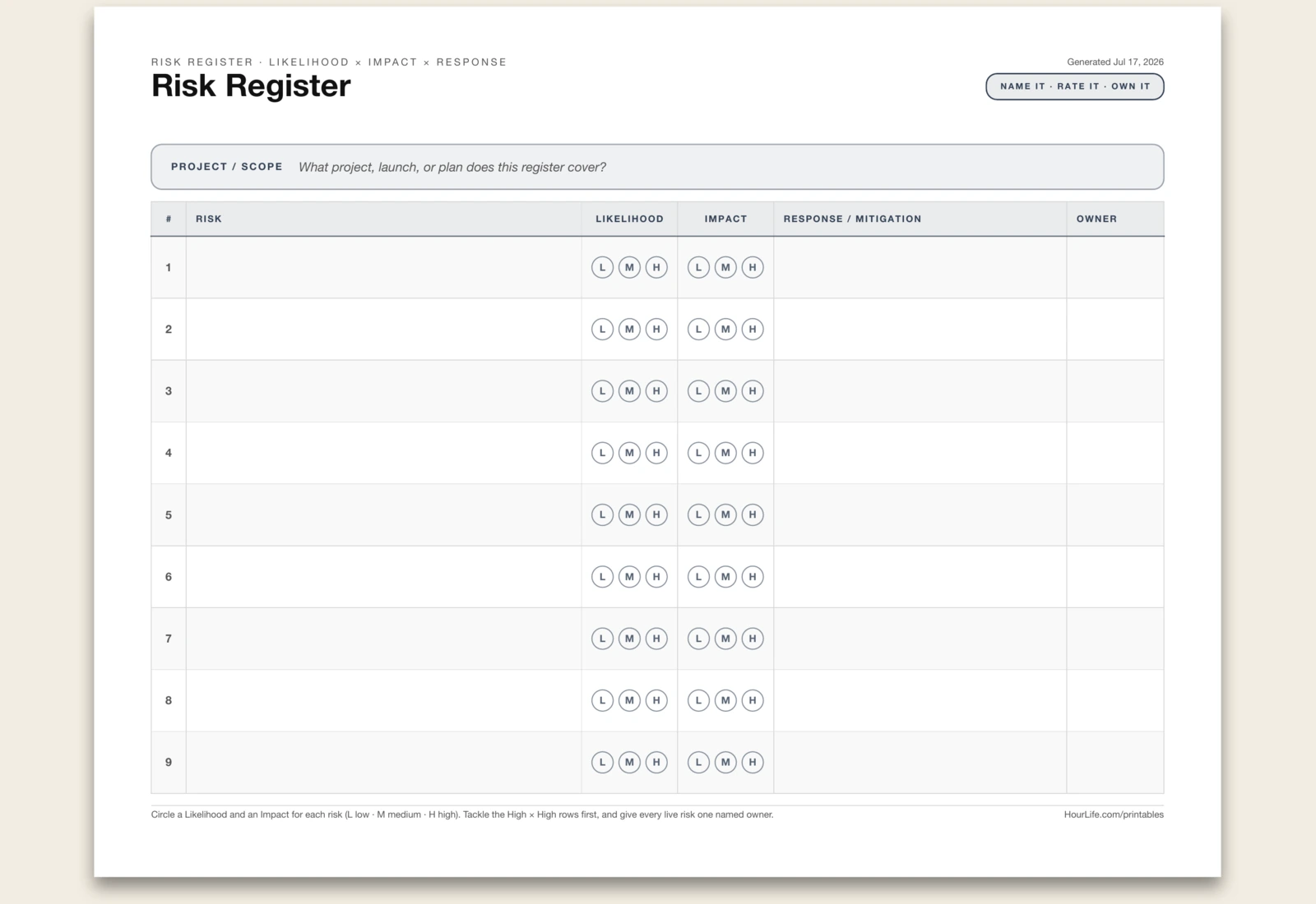 Risk Register blank layout preview