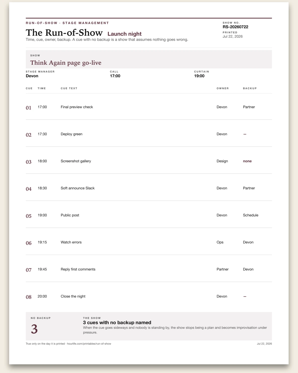 The Run-of-Show filled example preview