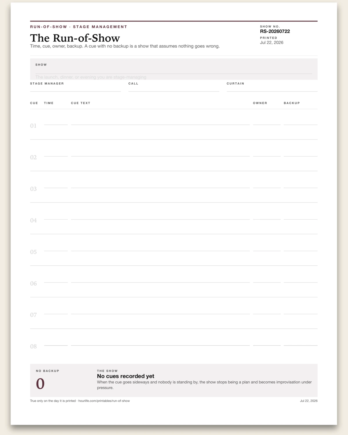 The Run-of-Show blank layout preview