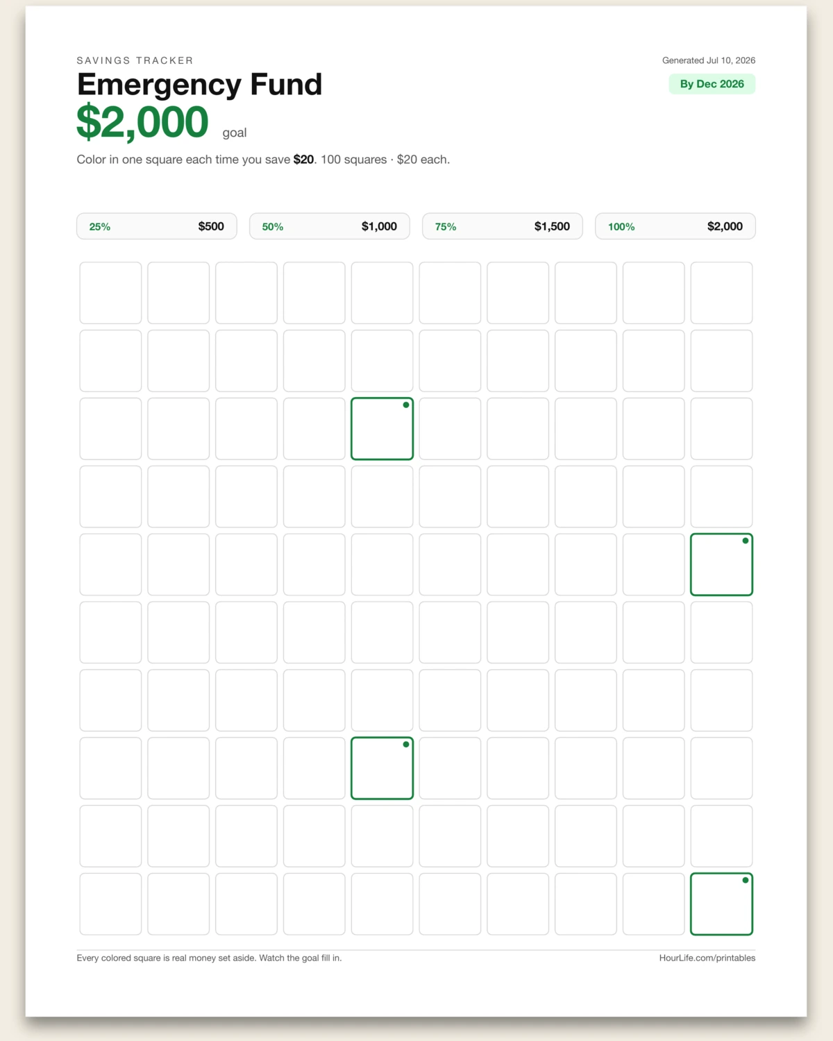 Savings Tracker filled example preview