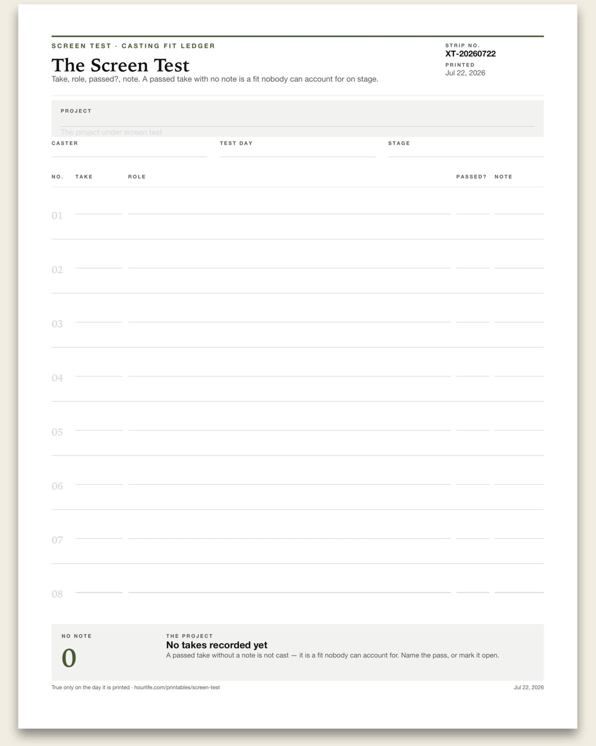 The Screen Test blank layout preview