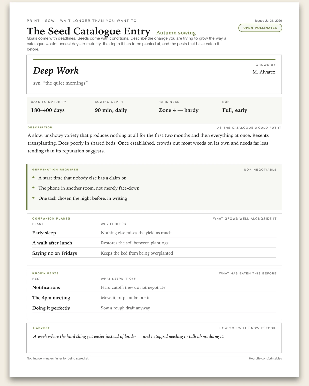 The Seed Catalogue Entry filled example preview