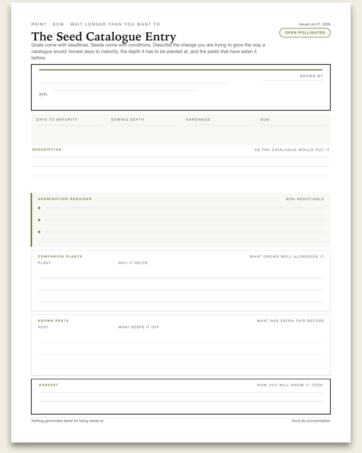 The Seed Catalogue Entry blank layout preview